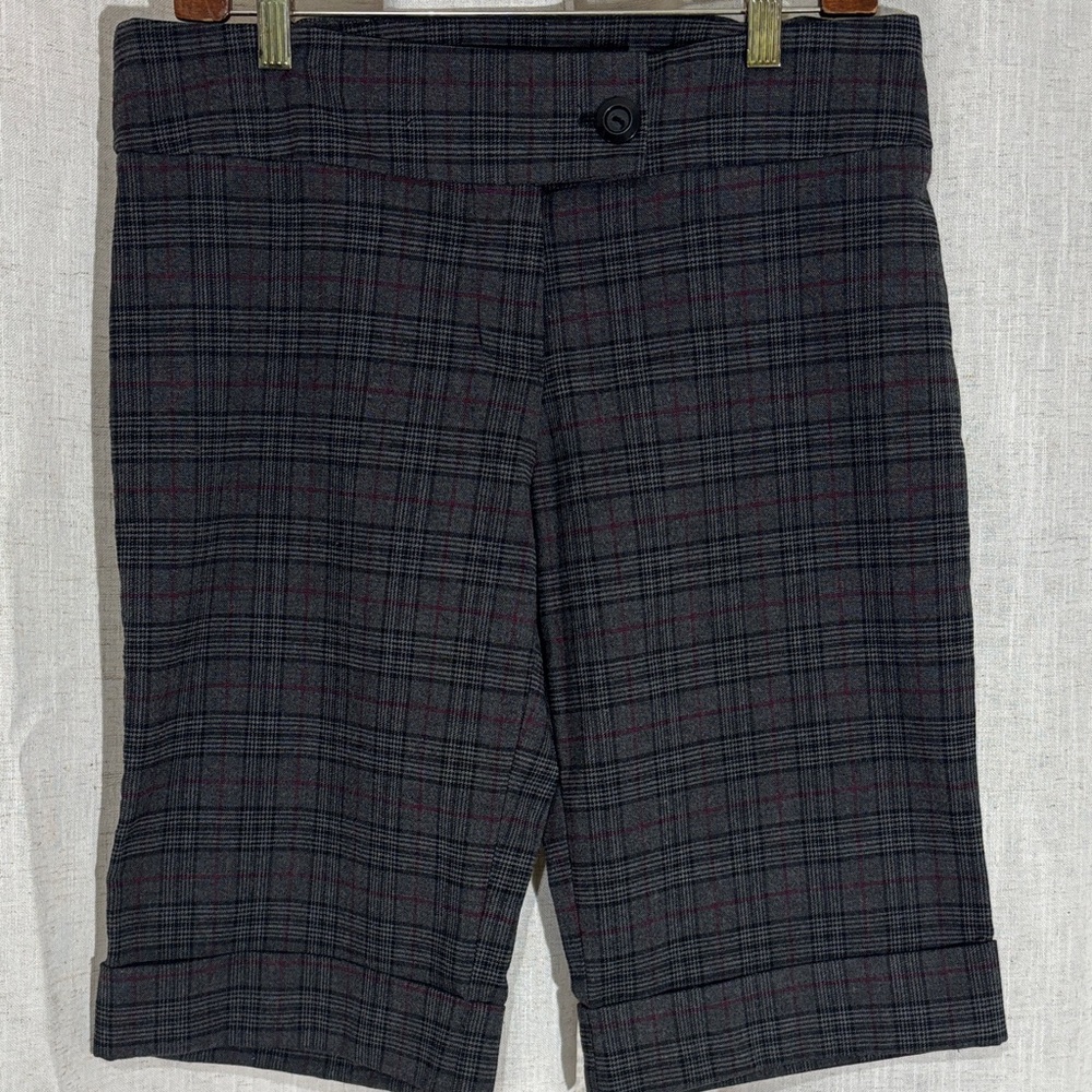 Rue21 Charcoal Gray Plaid Bermuda Length Shorts with Burgundy Windowpane